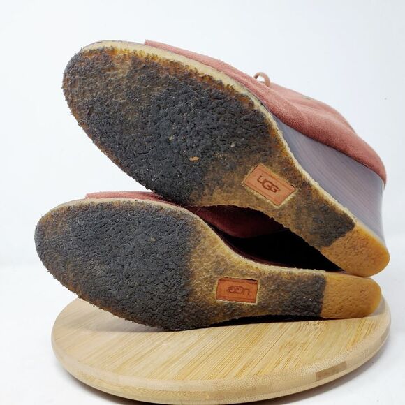 UGG Booties Women 9 Maroon Suede Lace Up Peep Toe High Wedge Elyse Sandal Shoes - Picture 10 of 12